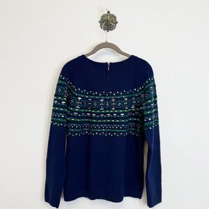 Talbots Navy Blue Fair Isle Embellished Crewneck Sweater Women Size Medium
